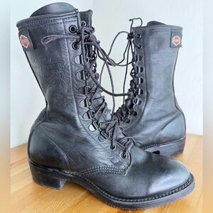 Harley-Davidson Vintage 90s Black Leather Lace Up Combat Moto Boots Women Size 7